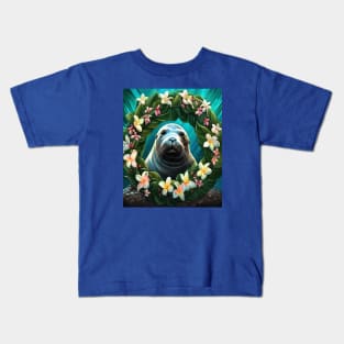 Cartoon Art Of Hawaiian Monk Seal With Plumeria Kids T-Shirt